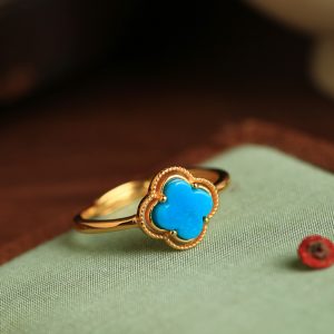 Silver Turquoise Gold-Plated Four-Leaf Clover Ring for Women, Chinese Style with Jade Inlay, Wealth and Prosperity Accessory