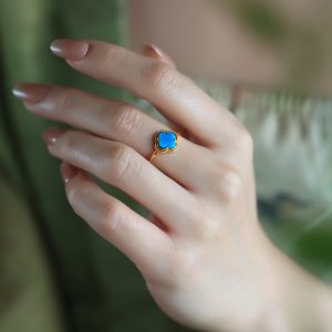 Silver Turquoise Gold-Plated Four-Leaf Clover Ring for Women, Chinese Style with Jade Inlay, Wealth and Prosperity Accessory