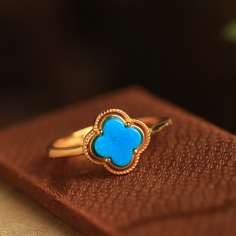 Silver Turquoise Gold-Plated Four-Leaf Clover Ring for Women, Chinese Style with Jade Inlay, Wealth and Prosperity Accessory