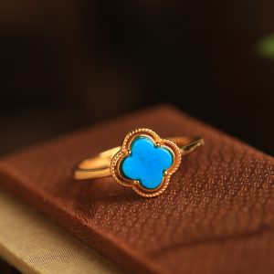Silver Turquoise Gold-Plated Four-Leaf Clover Ring for Women, Chinese Style with Jade Inlay, Wealth and Prosperity Accessory