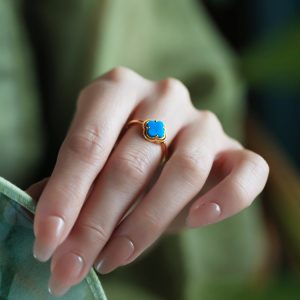 Silver Turquoise Gold-Plated Four-Leaf Clover Ring for Women, Chinese Style with Jade Inlay, Wealth and Prosperity Accessory