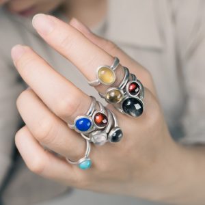 Simple Adjustable Women's Ring with Natural Garnet and Orange Crystal in 925 Silver - Elegant Minimalist Design