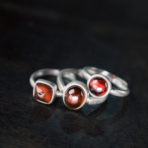 Simple Adjustable Women's Ring with Natural Garnet and Orange Crystal in 925 Silver - Elegant Minimalist Design