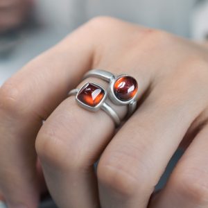 Simple Adjustable Women's Ring with Natural Garnet and Orange Crystal in 925 Silver - Elegant Minimalist Design