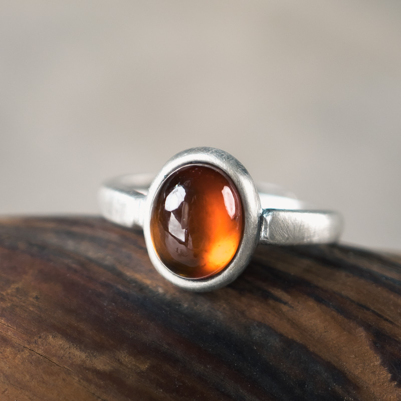 Simple Adjustable Women's Ring with Natural Garnet and Orange Crystal in 925 Silver - Elegant Minimalist Design