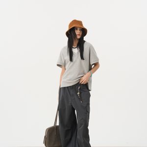 Simple Gray Pure Cotton Loop V-Neck Short Sleeve T-Shirt - Loose Versatile Essential for Autumn 2024 Fashion
