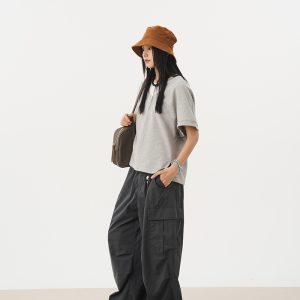 Simple Gray Pure Cotton Loop V-Neck Short Sleeve T-Shirt - Loose Versatile Essential for Autumn 2024 Fashion