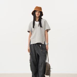 Simple Gray Pure Cotton Loop V-Neck Short Sleeve T-Shirt - Loose Versatile Essential for Autumn 2024 Fashion
