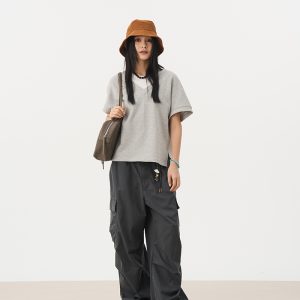 Simple Gray Pure Cotton Loop V-Neck Short Sleeve T-Shirt - Loose Versatile Essential for Autumn 2024 Fashion