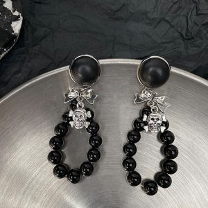 Skull Bow Earrings for Women – Punk Aesthetic Hoops, Sweet Cool Girl Subculture Accessories, Unique Niche Design