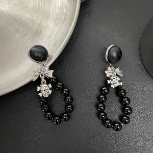 Skull Bow Earrings for Women – Punk Aesthetic Hoops, Sweet Cool Girl Subculture Accessories, Unique Niche Design