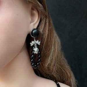Skull Bow Earrings for Women – Punk Aesthetic Hoops, Sweet Cool Girl Subculture Accessories, Unique Niche Design