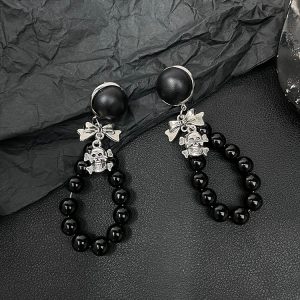 Skull Bow Earrings for Women – Punk Aesthetic Hoops, Sweet Cool Girl Subculture Accessories, Unique Niche Design