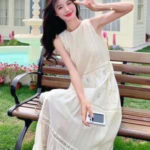 Sleeveless French Patchwork Printed Dress for Women - 2025 Summer Loose Vacation Style Tank Dress