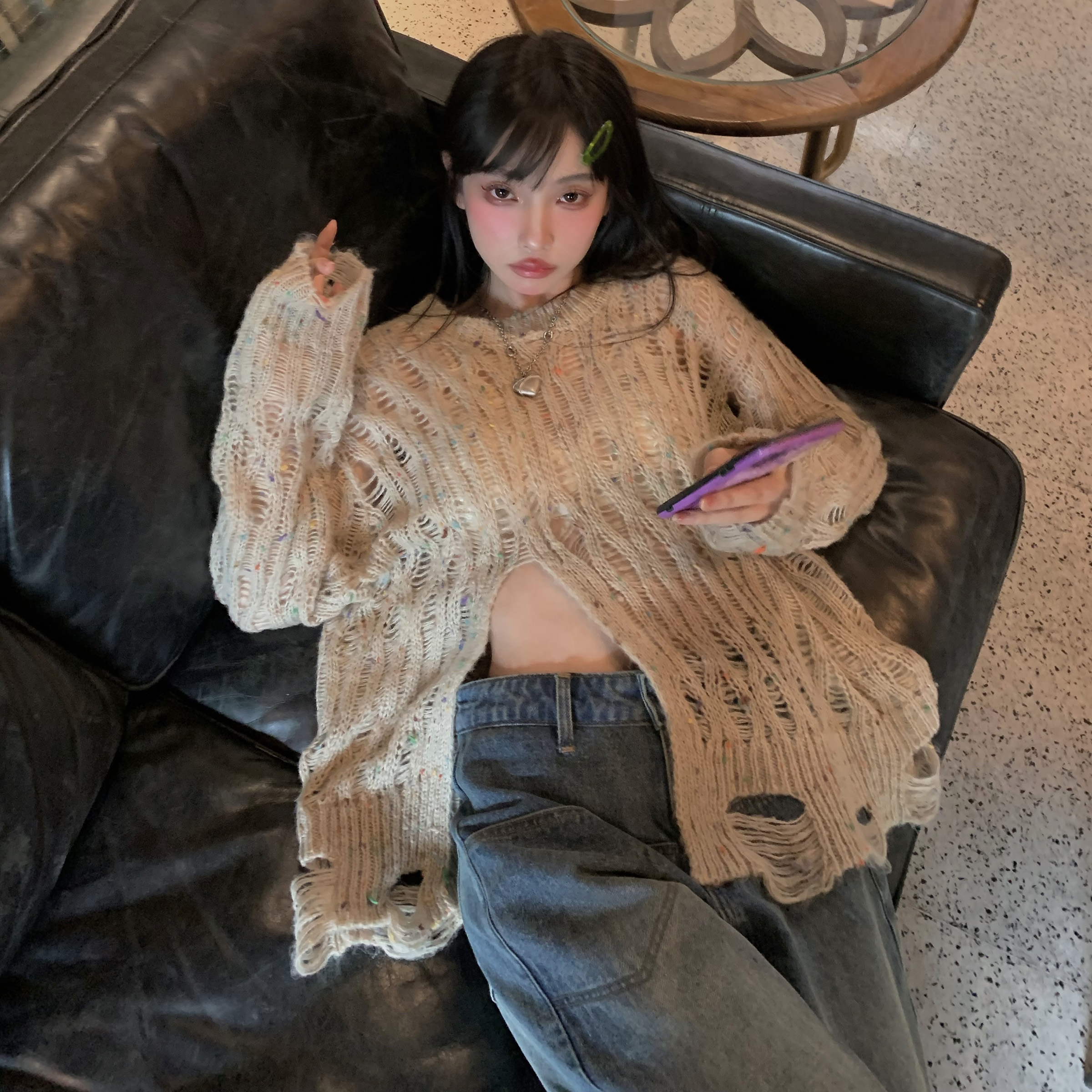 Slightly Sweet Sister Hollowed-Out Split Knit Sweater - Loose Fit Women’s Top in Casual Lazy Style, Perfect for Y2K and Korean Fashion