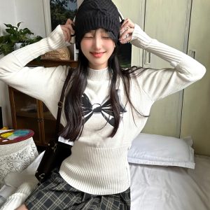 Slim Fit Candy Bow Sweater for Women - Long Sleeve Knitted Top, Autumn Winter 2023 Fashion, Cozy Style