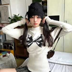 Slim Fit Candy Bow Sweater for Women - Long Sleeve Knitted Top, Autumn Winter 2023 Fashion, Cozy Style