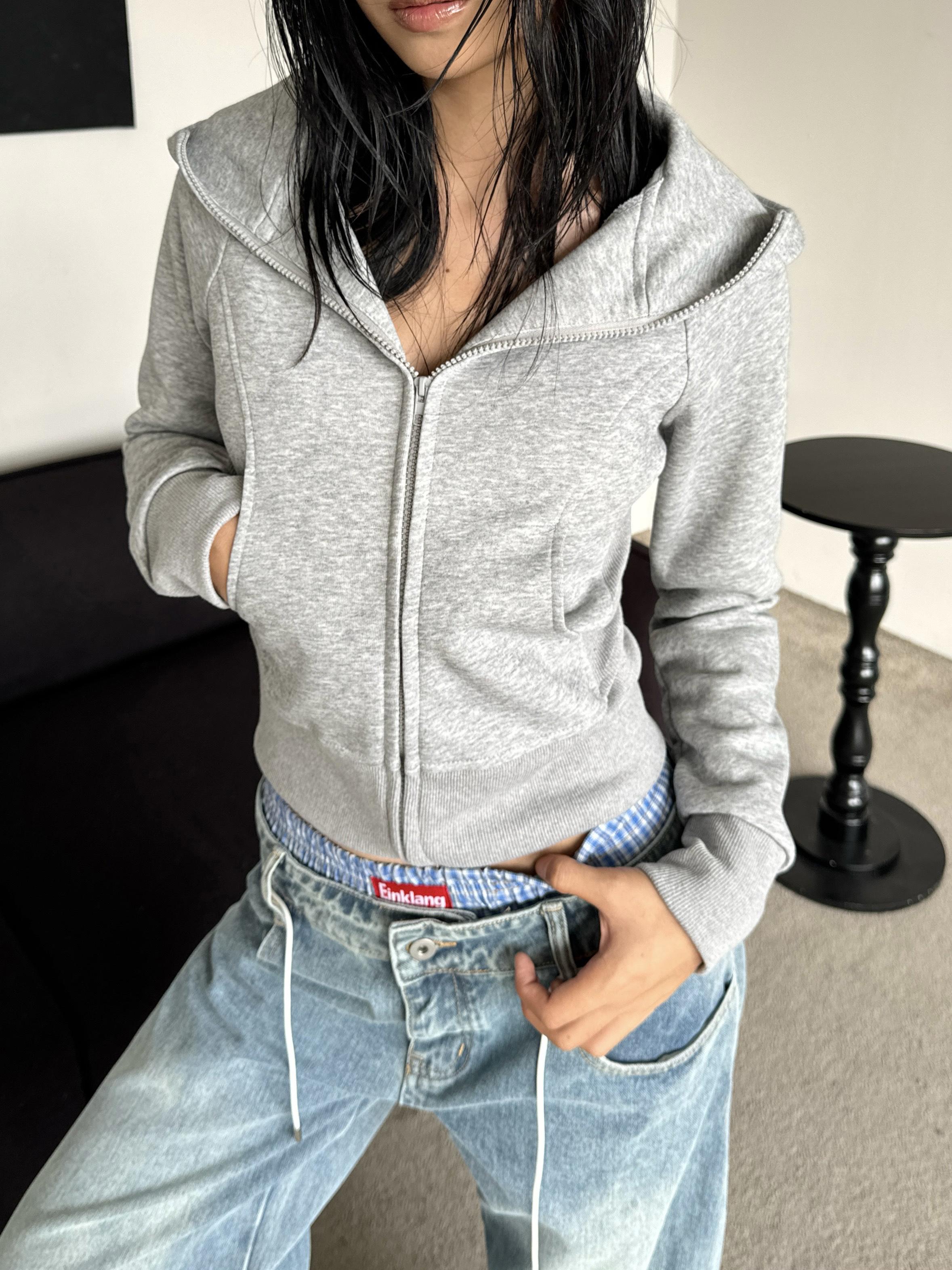 Slim-Fit Gray Hoodie Jacket for Women - Spicy American-Style Long Sleeve Top, Simple & Versatile Fashion Essential