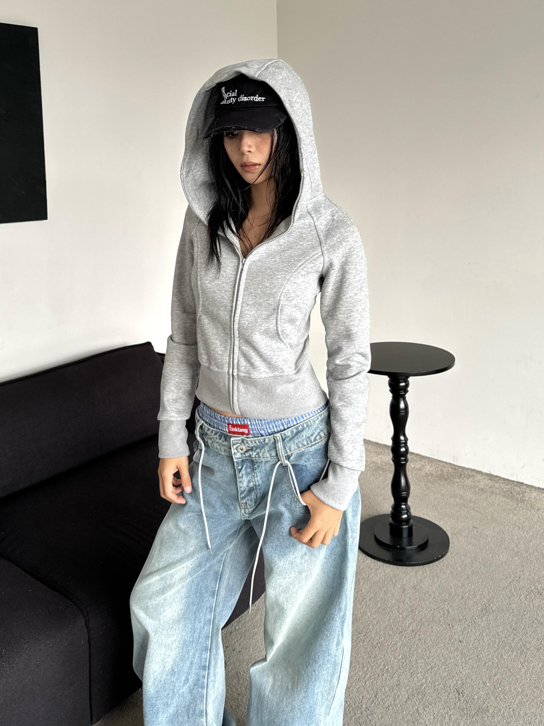 Slim-Fit Gray Hoodie Jacket for Women - Spicy American-Style Long Sleeve Top, Simple & Versatile Fashion Essential
