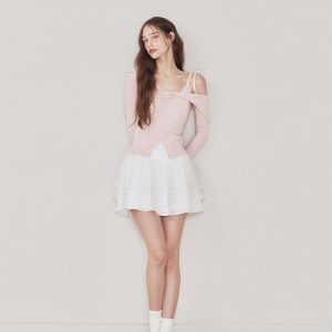 Slim Fit Lace Tie Vest and Asymmetrical Long Sleeve T-Shirt Two-Piece Set - Spring/Summer Fashion, Y2K Inspired, Trendy Layering