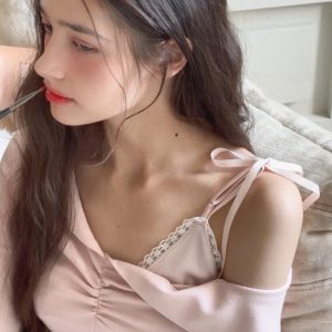 Slim Fit Lace Tie Vest and Asymmetrical Long Sleeve T-Shirt Two-Piece Set - Spring/Summer Fashion, Y2K Inspired, Trendy Layering