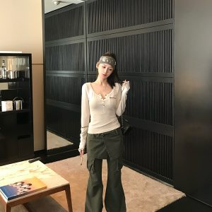 Slim Fit Long Sleeve Knit Sweater for Women with Pockets - Spring & Winter Base Top, Lightweight Layering Essential