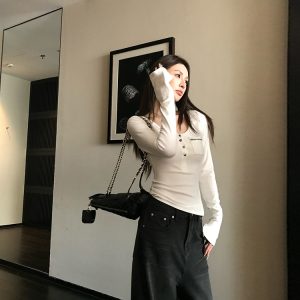 Slim Fit Long Sleeve Knit Sweater for Women with Pockets - Spring & Winter Base Top, Lightweight Layering Essential