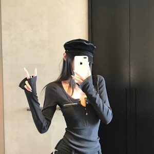 Slim Fit Long Sleeve Knit Sweater for Women with Pockets - Spring & Winter Base Top, Lightweight Layering Essential