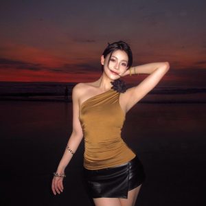Slim-Fit Off-Shoulder Short Top and Irregular PU Leather Mini Skirt Set for Women - Summer American Style Fashion