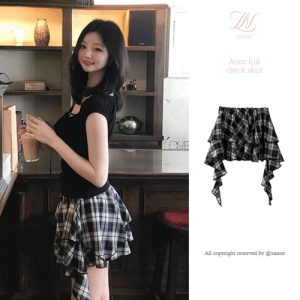 Slim-Fit Short Sleeve Ruffled Top with High-Waisted Checkered Skirt - Korean Style Spring/Summer 2025 Fashion