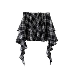 Slim-Fit Short Sleeve Ruffled Top with High-Waisted Checkered Skirt - Korean Style Spring/Summer 2025 Fashion