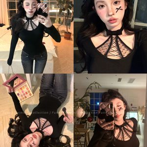 Slim Fit Square Heart Tip Monroe Design Neck Tie Shirt for Women - Trendy Layering Top in Chic Style