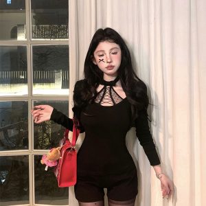 Slim Fit Square Heart Tip Monroe Design Neck Tie Shirt for Women - Trendy Layering Top in Chic Style