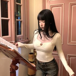 Slim Fit Square Neck Knitted Base Layer T-Shirt for Women - Heart-Stealing Angel Design, Waist-Defining, Chic Casual Style