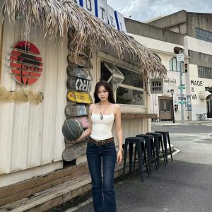 Slim High-Stretch Mid-Waist Flared Jeans | Leg-Enhancing, Knee-Length Design | Trendy Y2K Style Pants