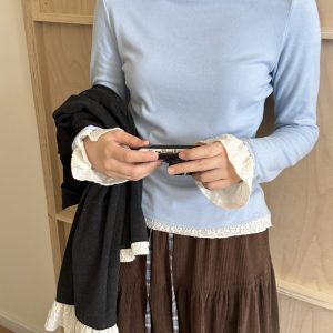 Slimming Lace Fleece Shoulder Top - High Neck Slim Fit Tank - Sea Breeze Cradle Style, Perfect for Y2K and Casual Chic Outfits
