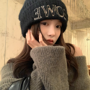 Slouchy Black Wool Hat with 