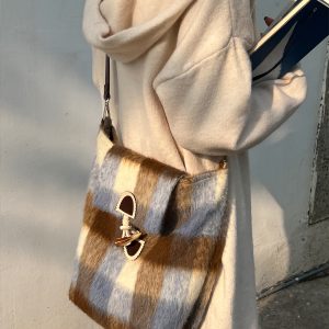 Snowy Mountain Forest Woolen Plaid Crossbody Bag - Retro Large-Capacity Versatile Shoulder Bag for Y2K and Vintage Style