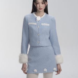 Snowy Romance High-End Three-Dimensional Floral Chanel Style Jacket and Skirt Two-Piece Set - Elegant Y2K Fashion
