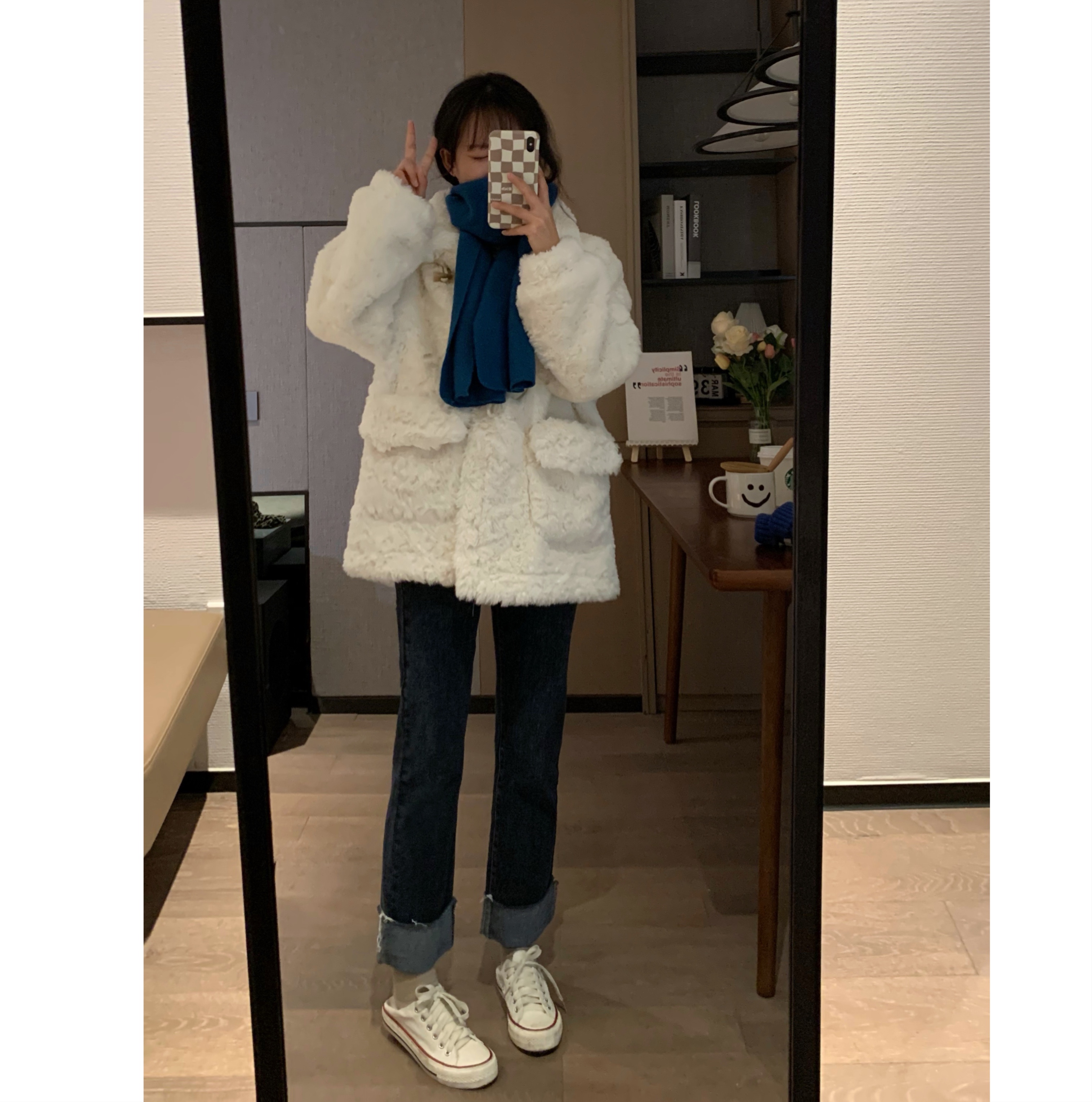 Soft and Fluffy Winter Coat for Women, High-End Lamb Wool with Horn Buttons and Faux Rabbit Fur, Chic and Warm Fashion Outerwear