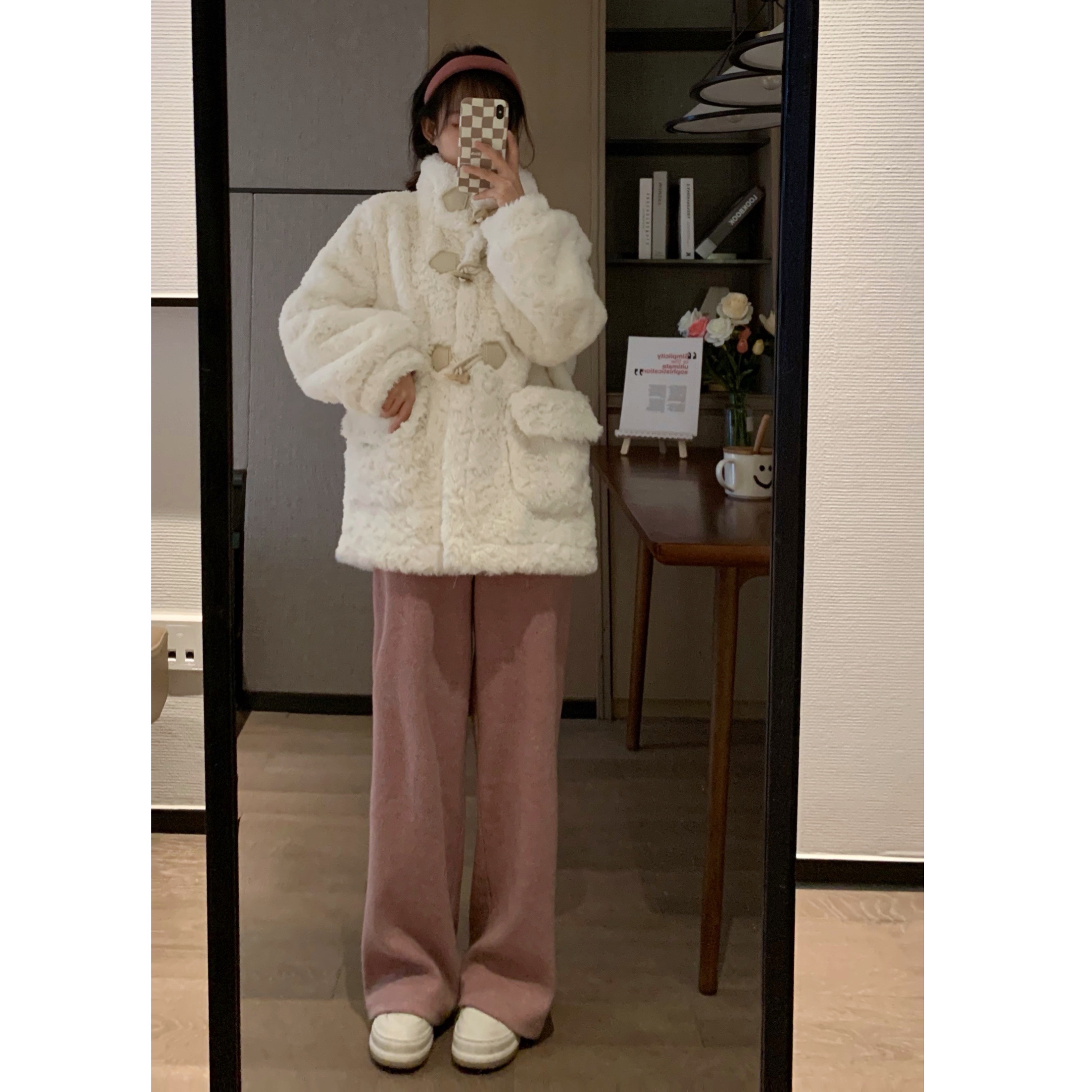 Soft and Fluffy Winter Coat for Women, High-End Lamb Wool with Horn Buttons and Faux Rabbit Fur, Chic and Warm Fashion Outerwear