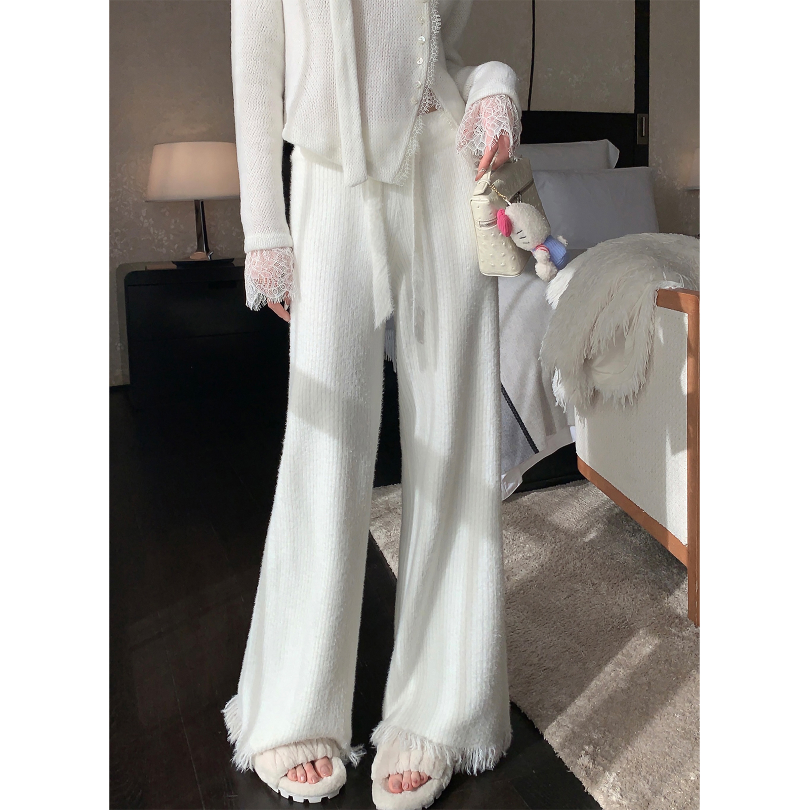 Soft Fluffy Draped Mink Velvet High Waist Wide-Leg Pants for Women with Tassel Edges - Autumn Winter Fashion Essentials
