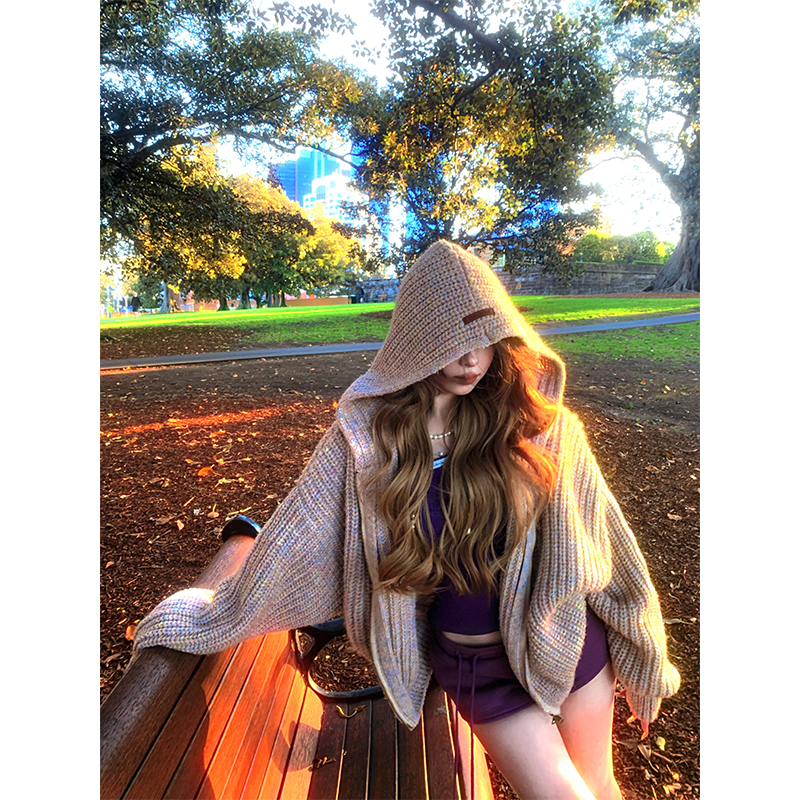 Soft Girl Vintage Hooded Cardigan Sweater Coat - Loose Knit Top for Women, Relaxed Fit, Retro Style, Cozy Layering Essential