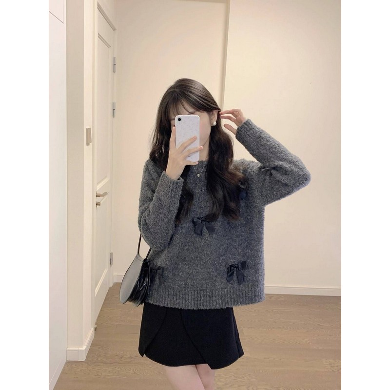 Soft Gray Bow Tie Sweater Knit Top for Women - Round Neck, Short Style, Petite Fit - Cozy Autumn/Winter Fashion