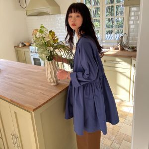 Soft Light Berlin Lace Trim Dress - Loose Fit Long Sleeve Solid Color Shirt Dress for Effortless Style, Perfect for 90s and Y2K Fashion