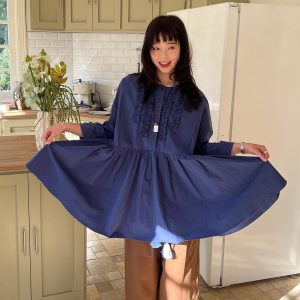 Soft Light Berlin Lace Trim Dress - Loose Fit Long Sleeve Solid Color Shirt Dress for Effortless Style, Perfect for 90s and Y2K Fashion