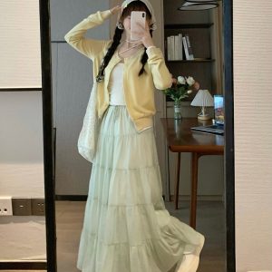 Soft Milk Yellow Cardigan Top Set for Women - Sweet Korean-Style Two-Piece Spring Outfit for a Cozy, Trendy Look