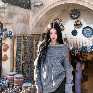 Soft Trap Lazy Style Loose Off-Shoulder Pullover Sweater for Women, Knit Top with Exposed Shoulders - Y2K Fashion Essential