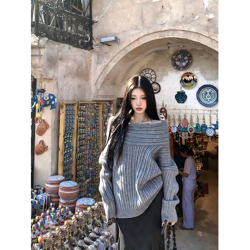 Soft Trap Lazy Style Loose Off-Shoulder Pullover Sweater for Women, Knit Top with Exposed Shoulders - Y2K Fashion Essential
