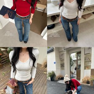Soft Velvet V-Neck Long Sleeve Base Shirt - Basic Popchee Design for a Stylish Winter Look